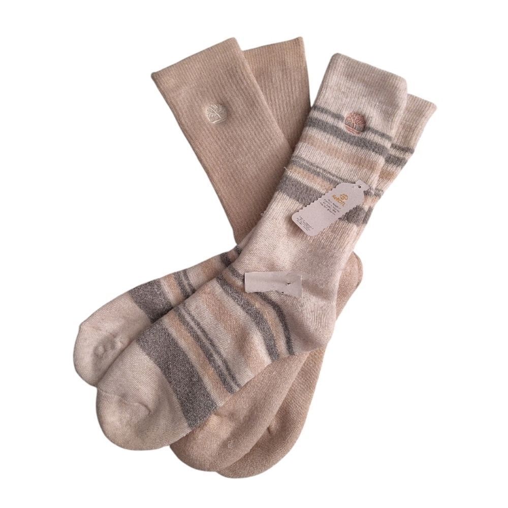 Timberland 2 Pairs Cushioned Boot Socks Logo Pink‎ Grey White Striped NWT